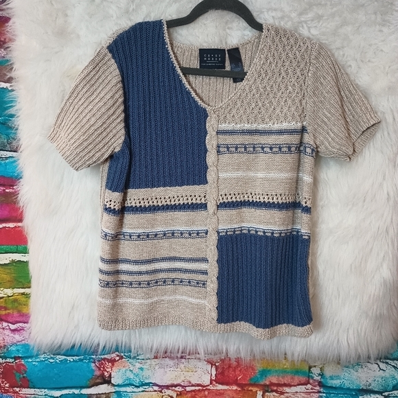 Crazy Horse Tan Blue and White Ribbed Short Sleeve Sweater Size XL - Picture 7 of 8